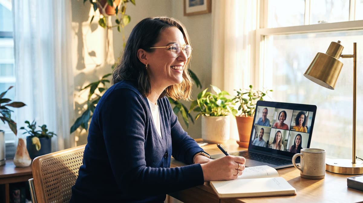 A member on a video call with fellow members in a sunny home office, smiling and taking notes