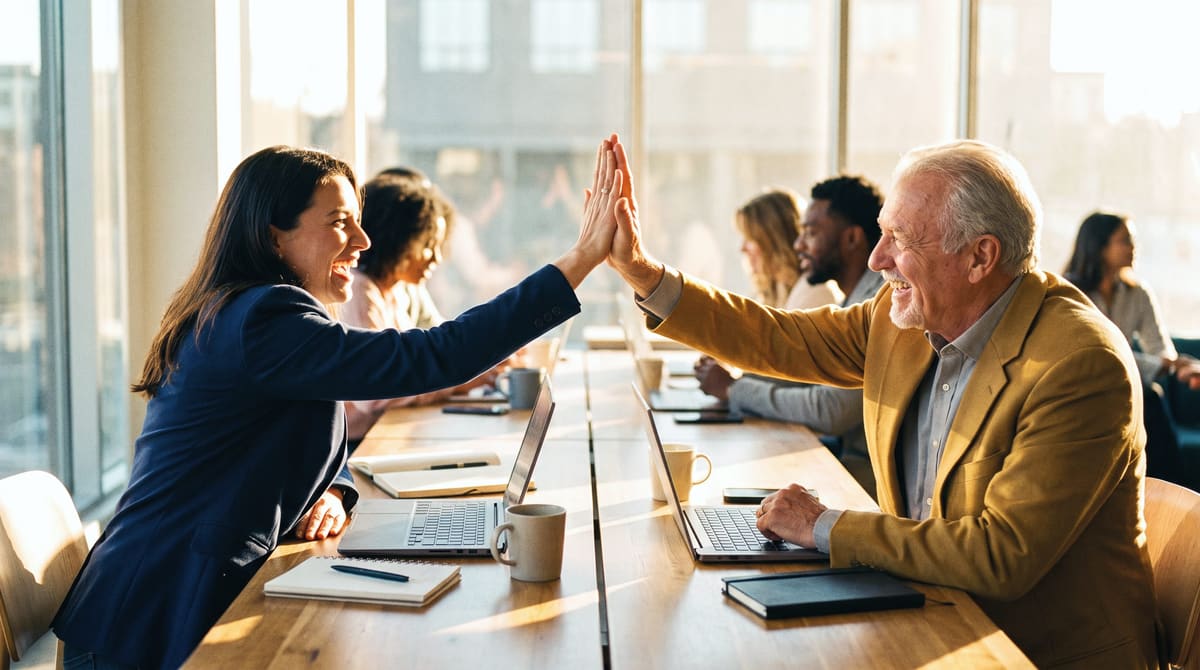 A woman and an older man high-fiving at a sunny co-working table after a breakthrough