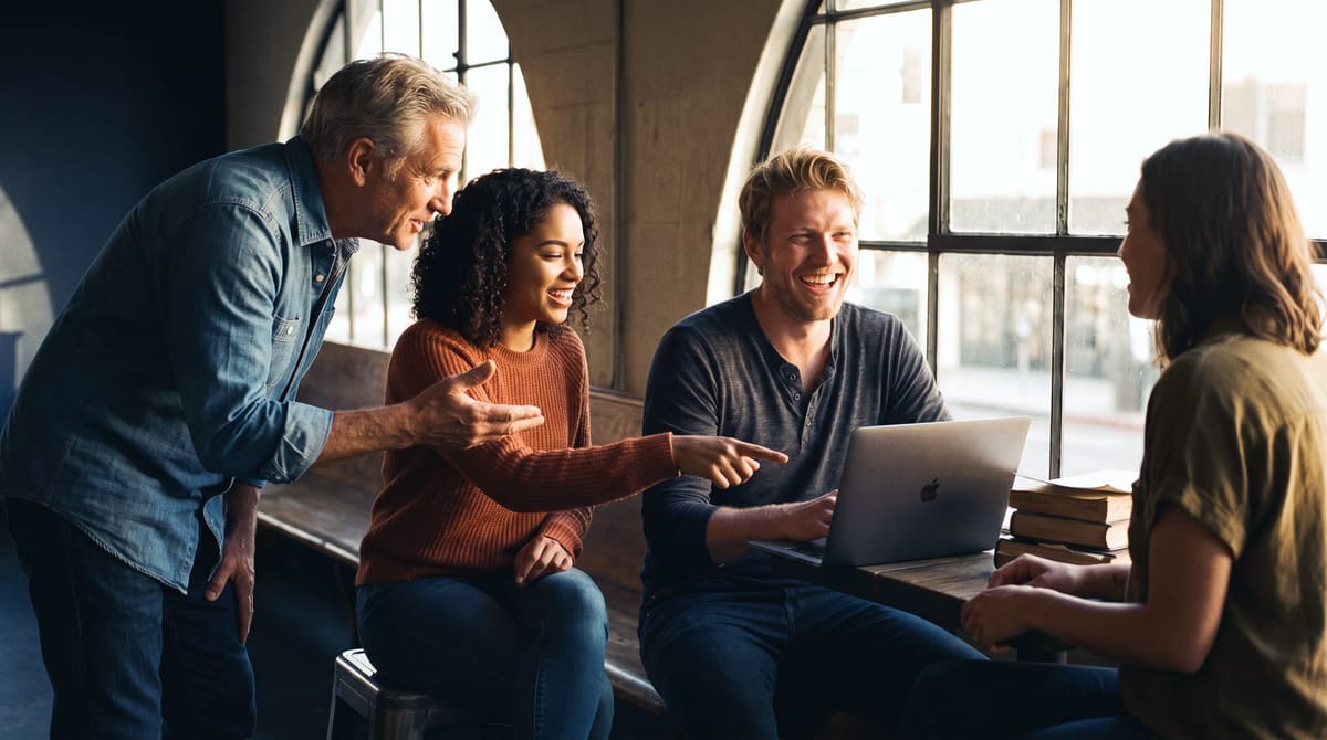 The same man laughing with three people from his community who have gathered around his laptop, one pointing, one offering an idea