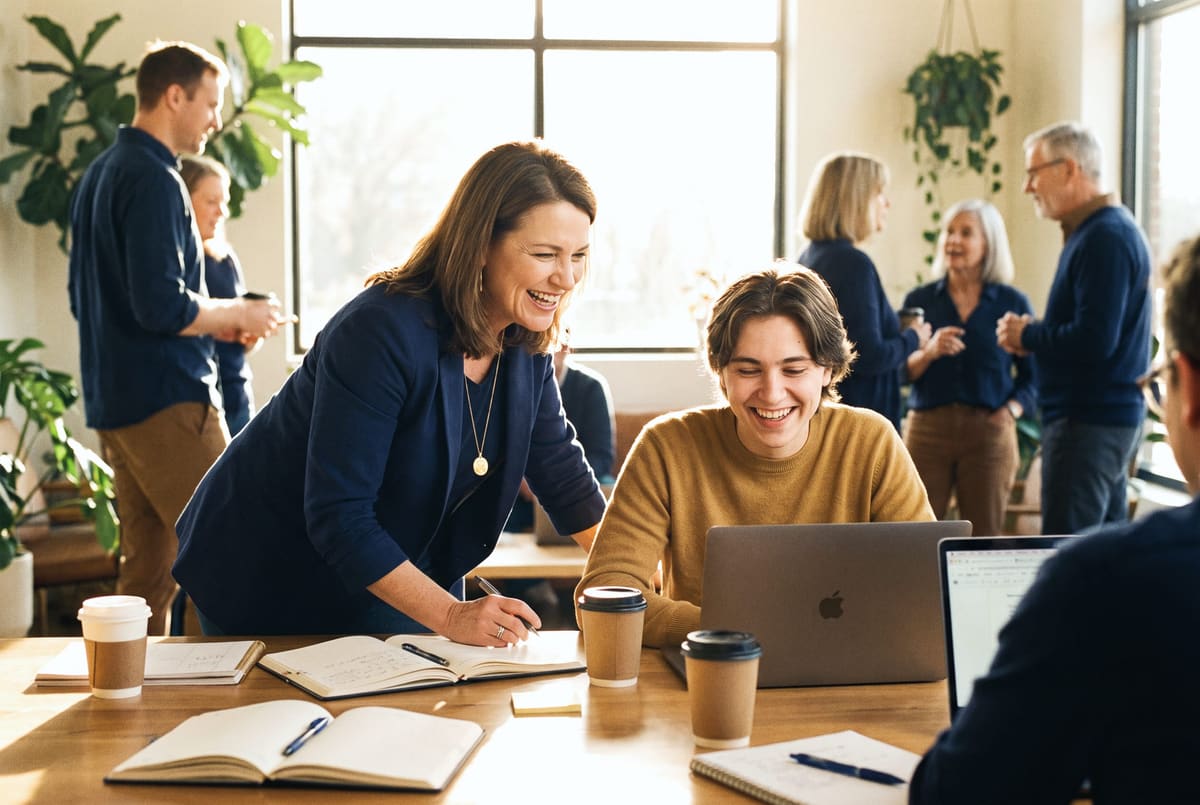 A graduate mentoring a new member at a bright co-working table, both laughing
